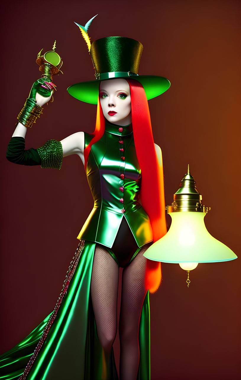 Red-haired model in green outfit with lamp on maroon backdrop
