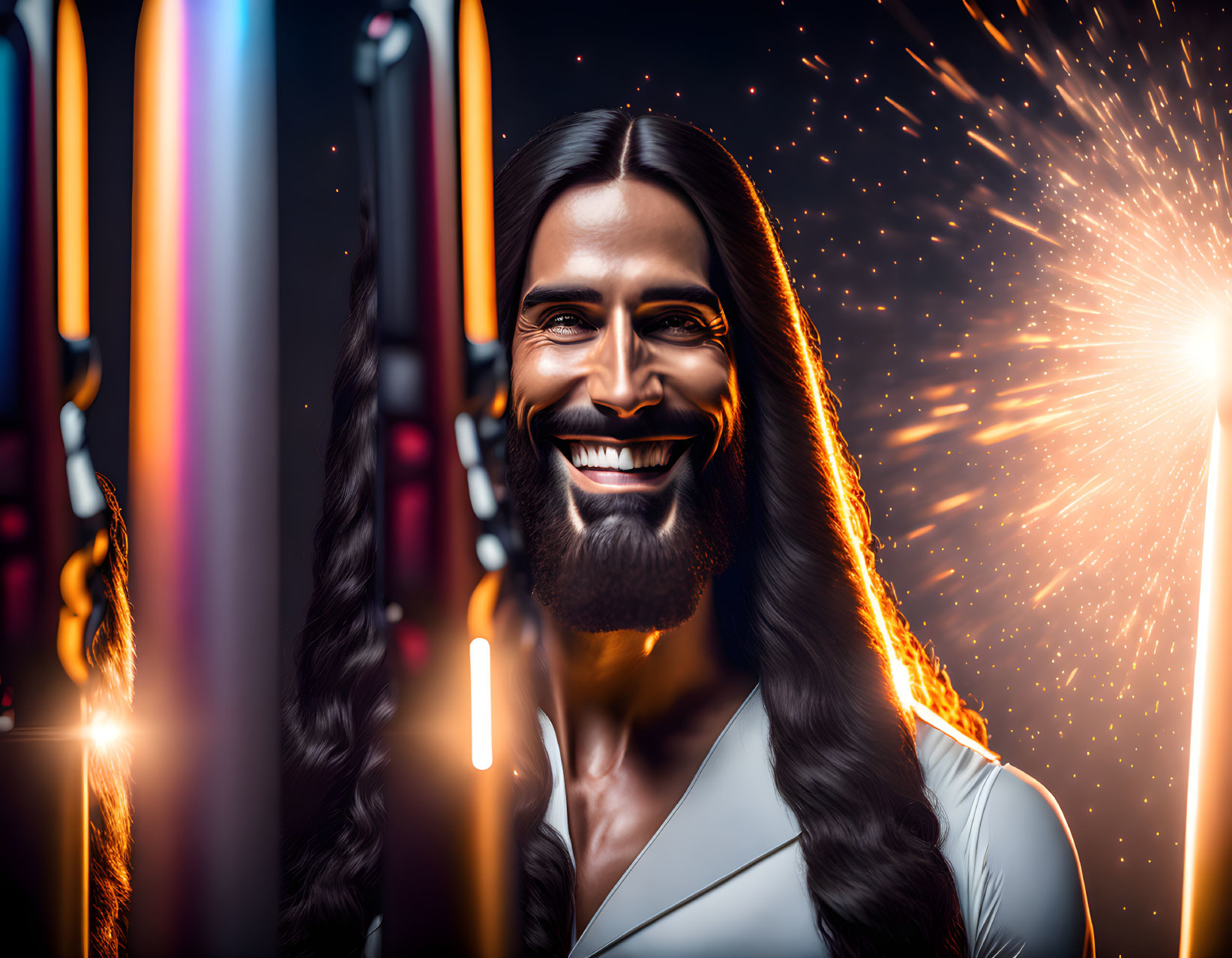 Bearded Man Smiling in Neon Lights and Sparklers