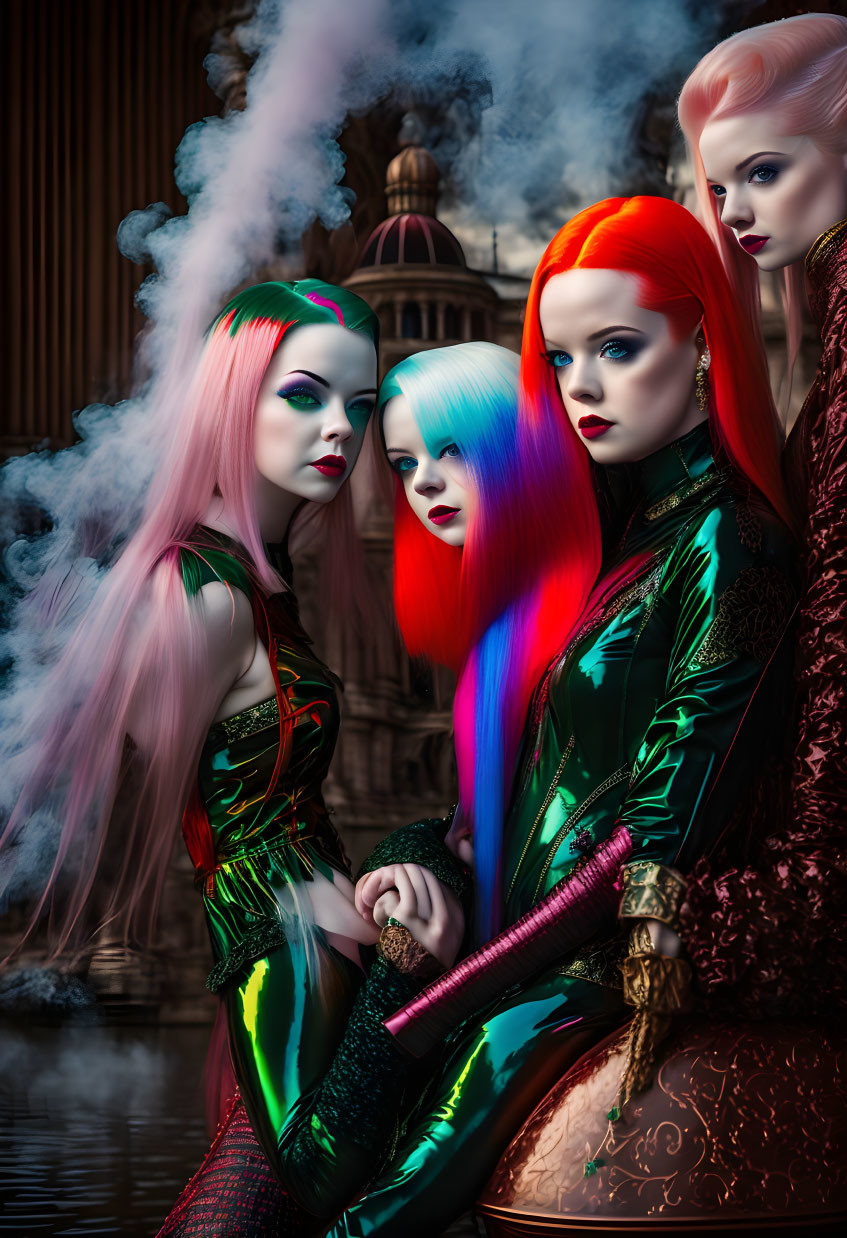 Vibrant women with multicolored hair pose dramatically in glossy outfits