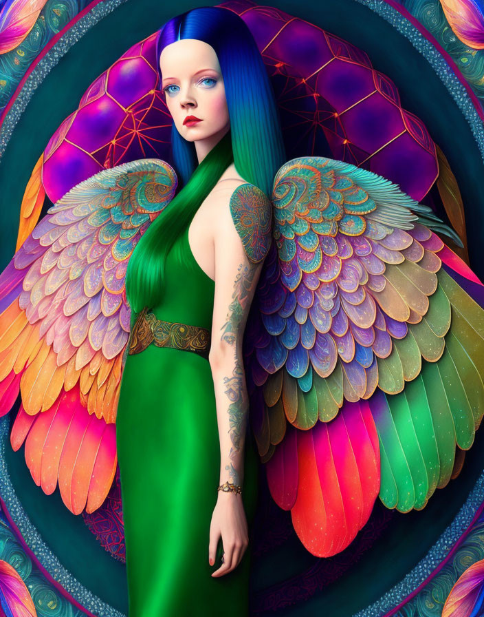 Vibrant digital art: woman with blue hair, angelic wings, green dress, on geometric
