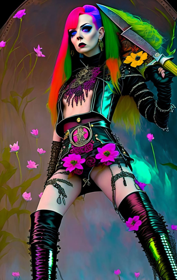 Vibrant cyberpunk digital art of woman with sword in floral setting