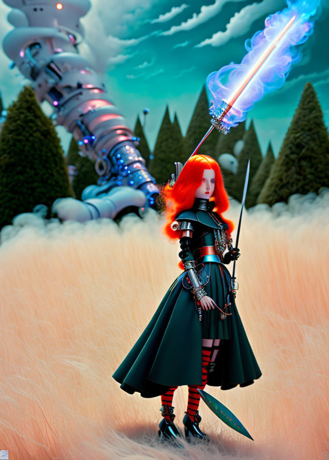 Female warrior with red hair wields blue-flamed sword in futuristic setting