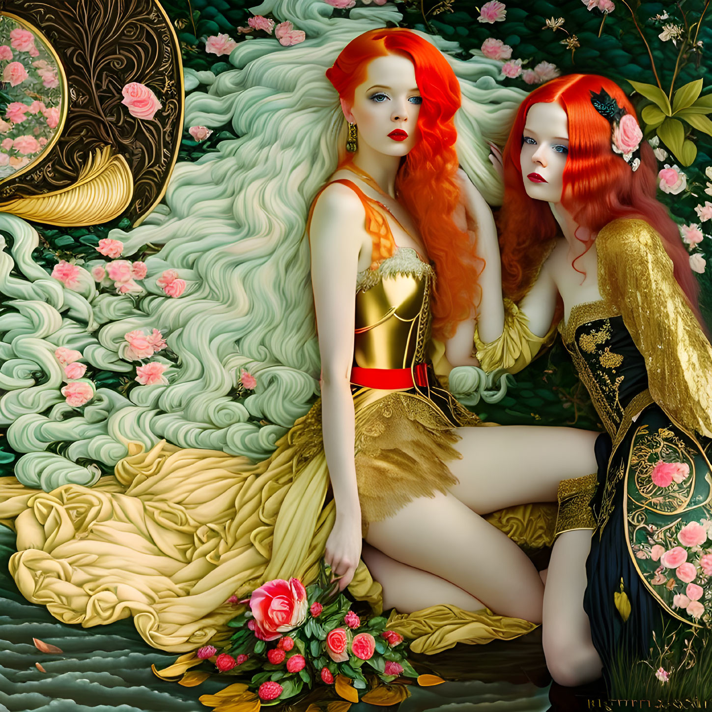 Stylized women with red hair in ornate costumes in floral setting