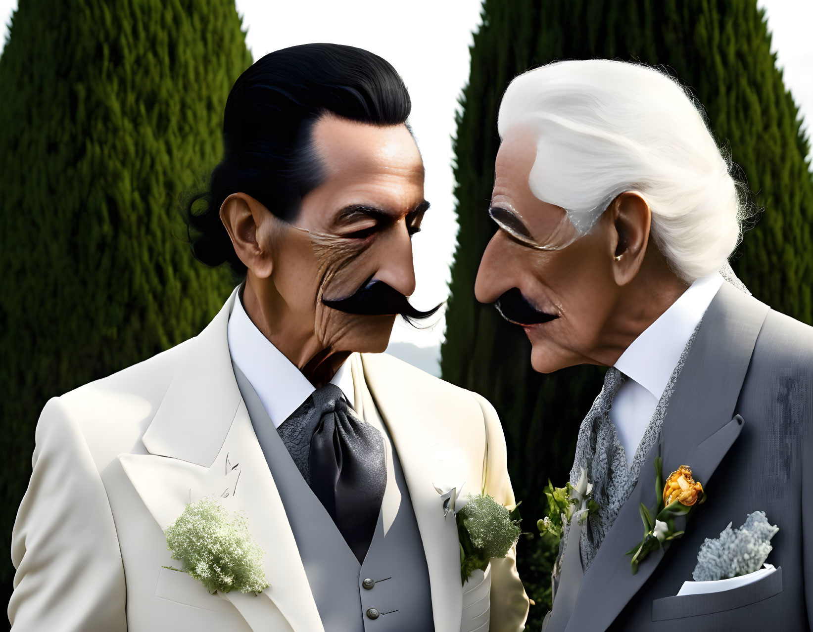 Exaggerated facial features on animated characters in elegant suits against a hedge backdrop