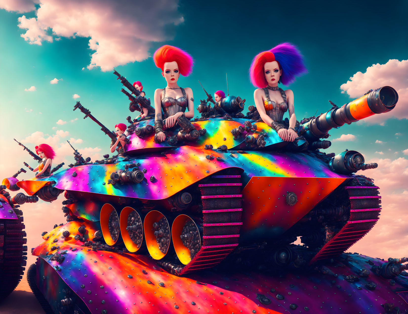 Stylized female figures with colorful hair and tattoos on vibrant tank.