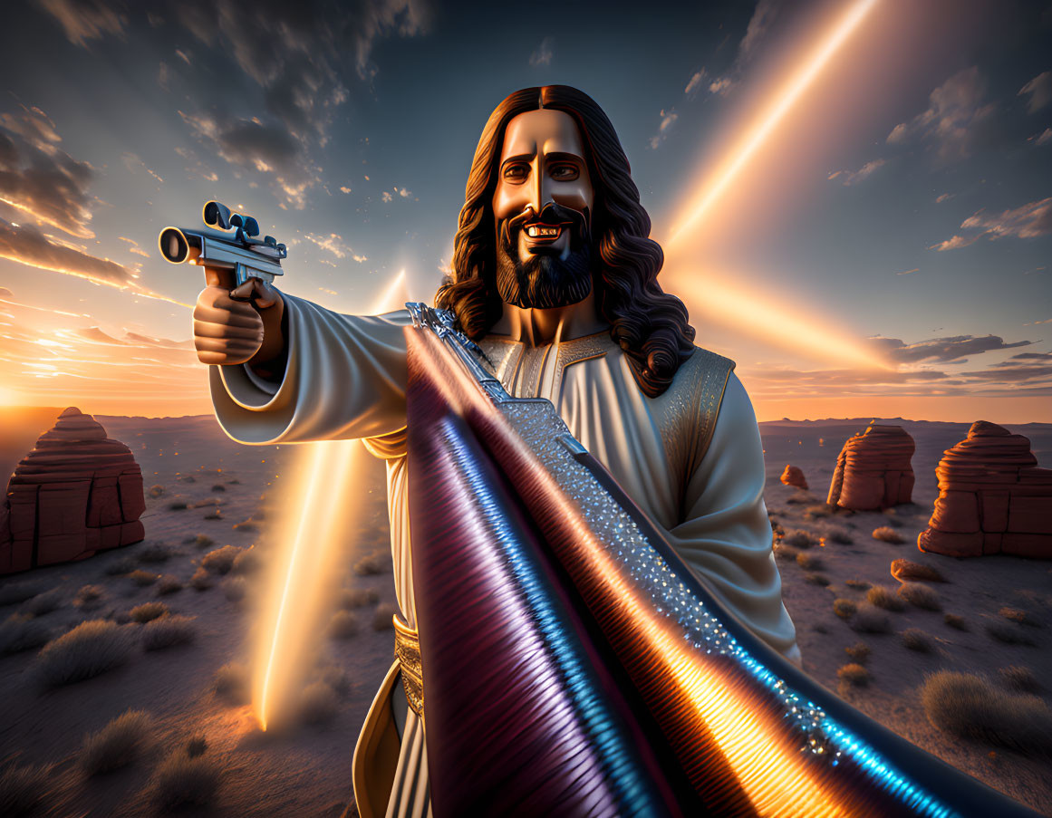 Illustration of Jesus-like figure with guns in desert sunset.