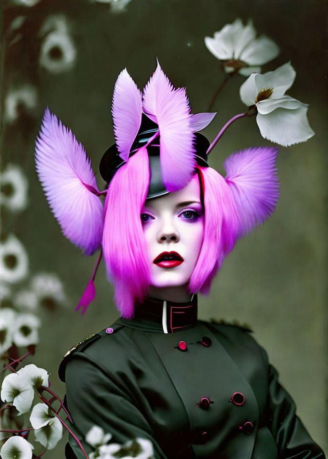 Vibrant pink hair person with feather headpiece in dark outfit among white flowers