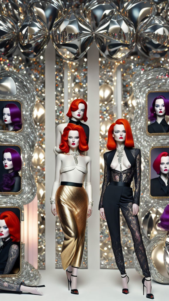 Red-haired mannequins in vintage fashion with silver ribbons and mirrored decor.