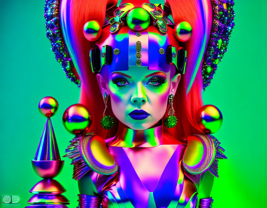 Vibrant portrait of woman with red hair and futuristic makeup on green background