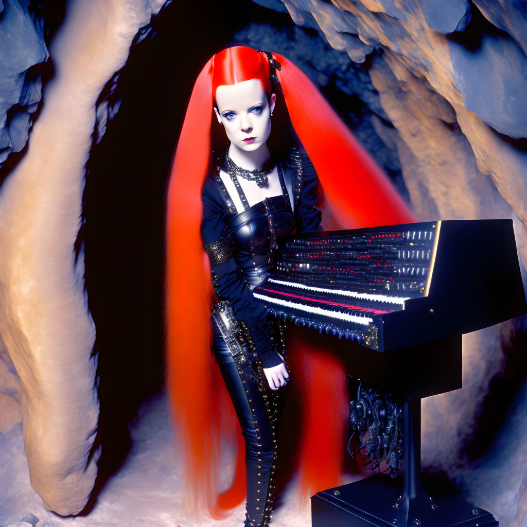 Red and Black Hair Woman Playing Synthesizer in Icy Cave