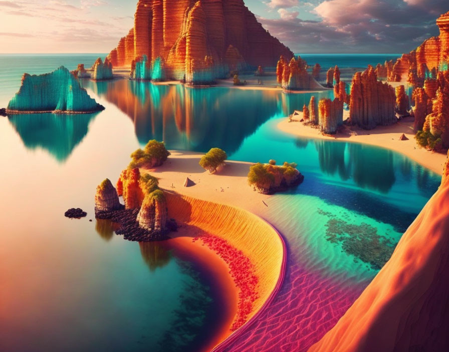 Vibrant orange rock formations in surreal landscape