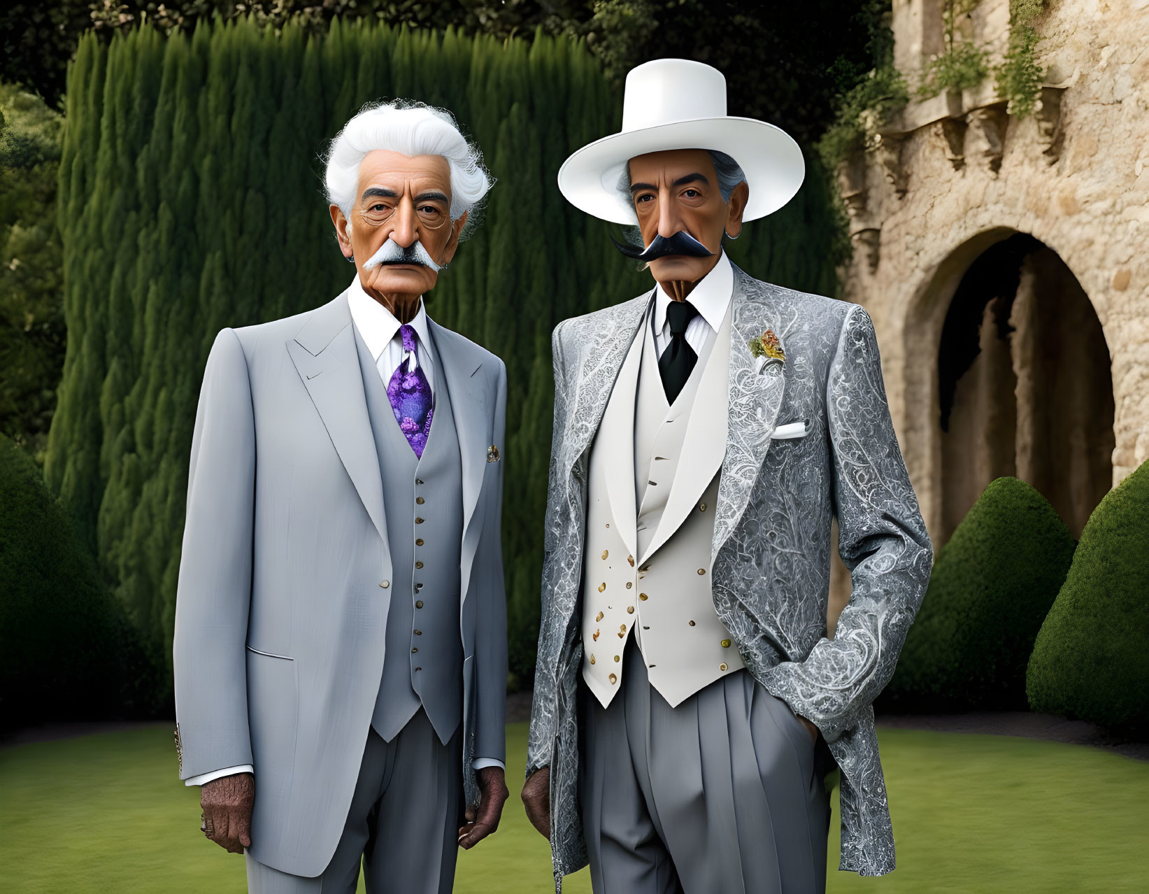 Two stylish men in suits and white hats pose in front of a garden with a stone arch