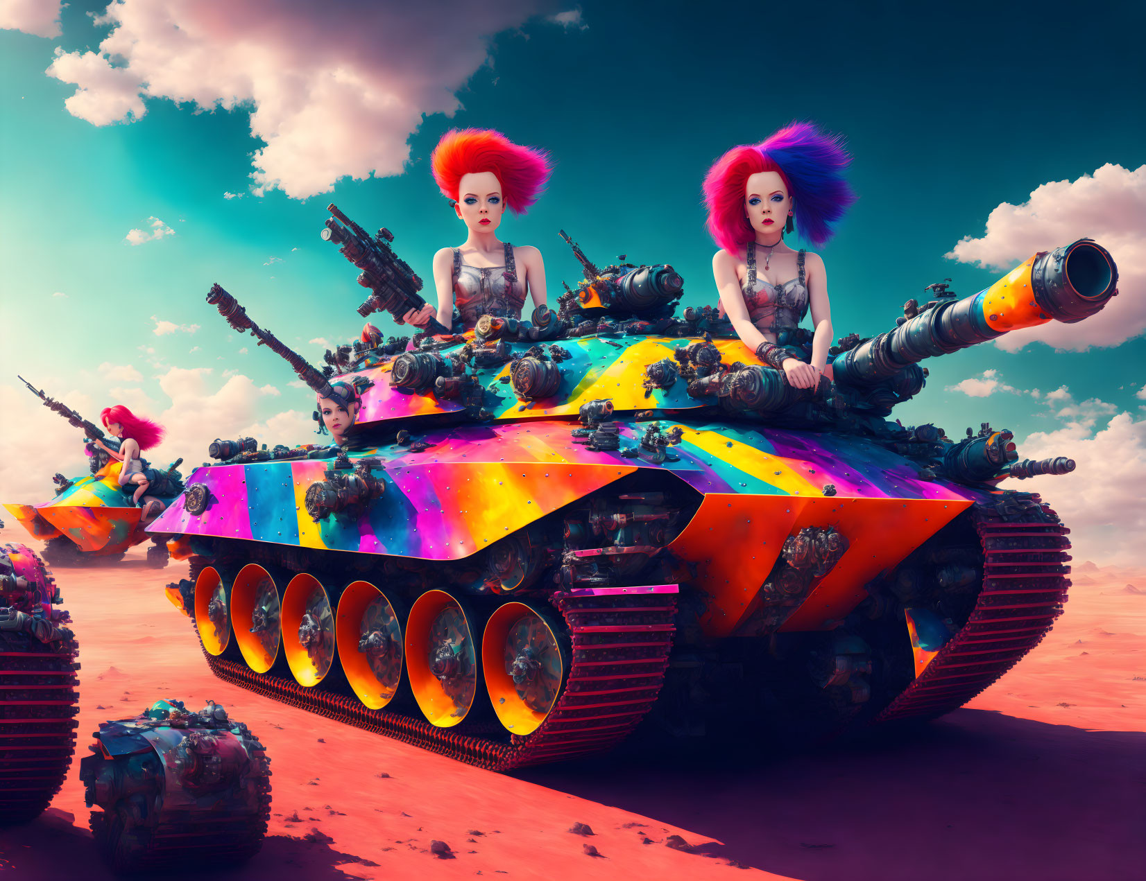 Colorful tanks with women in striking makeup and hairstyles on surreal battlefield