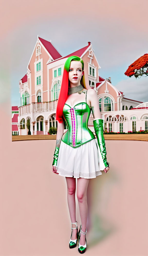 Vibrant green-haired woman in corset dress by whimsical pink house