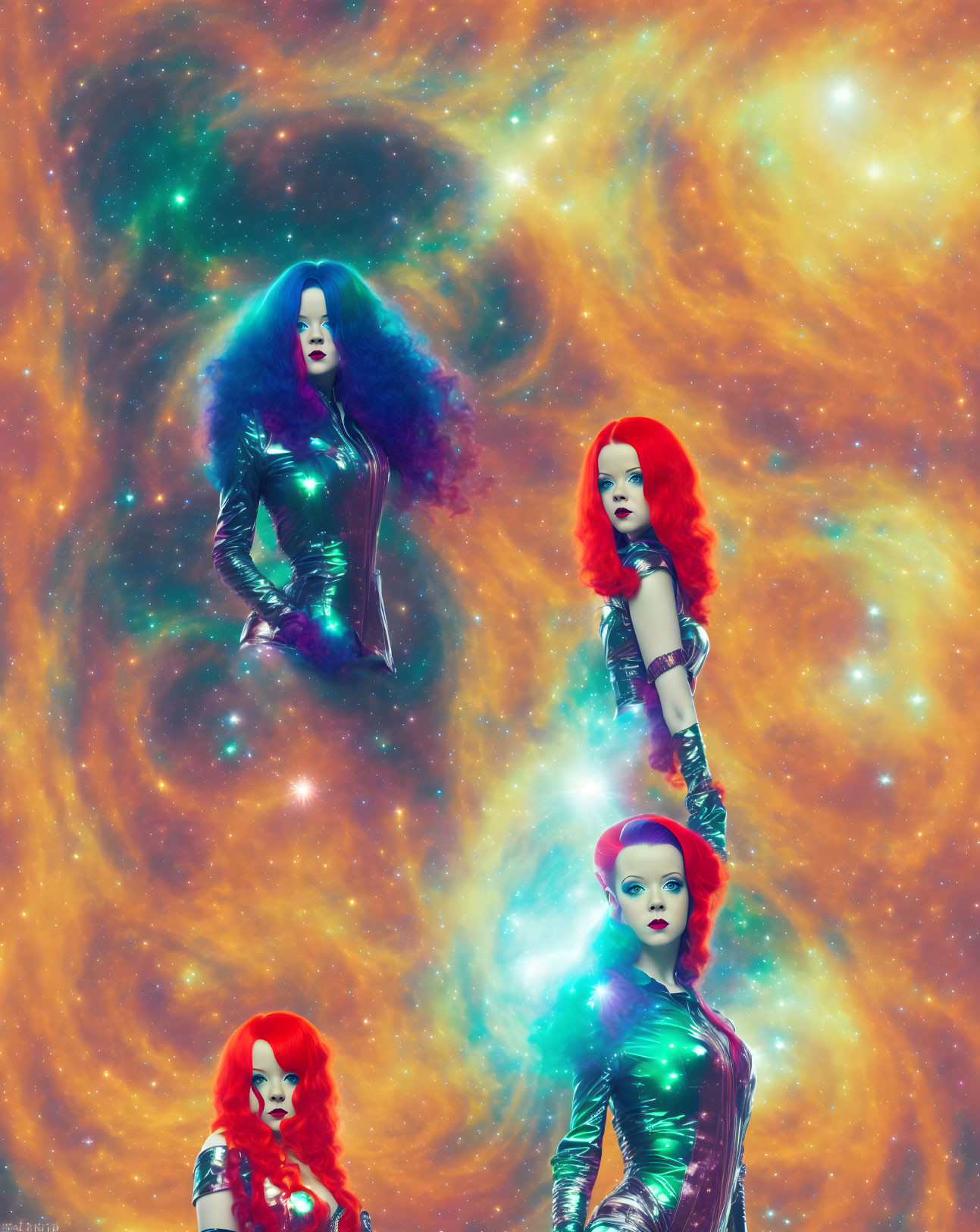 Four female figures with different hair colors in cosmic setting