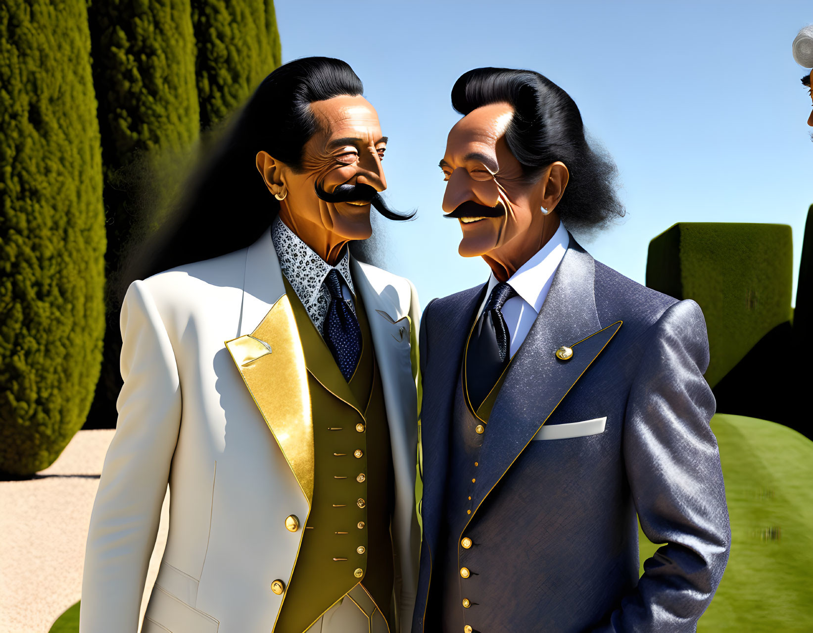 Stylized animated male characters with mustaches in fancy suits smiling in garden