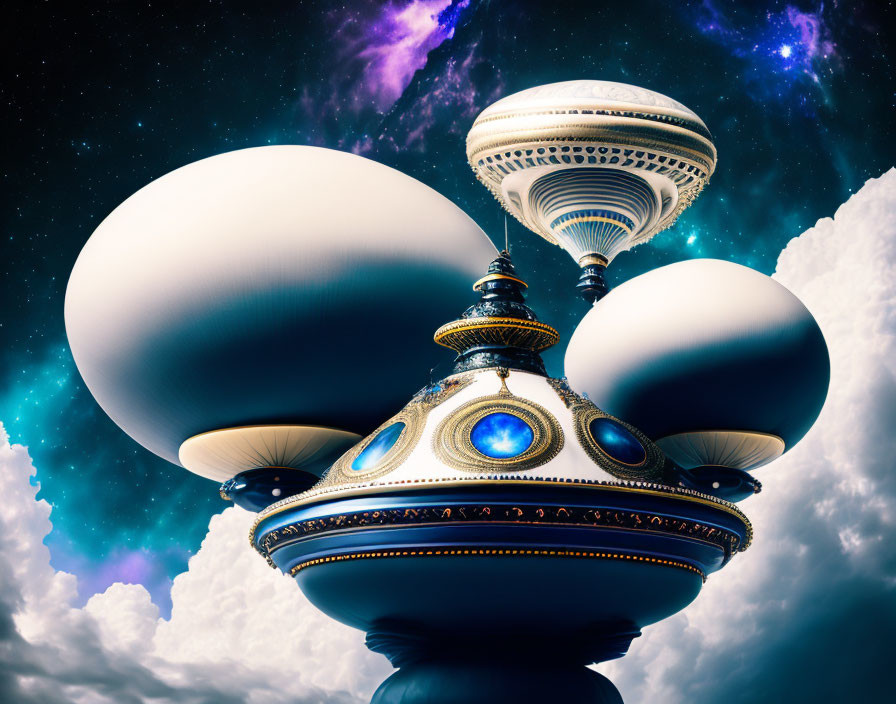 Futuristic floating cities with ornate dome-like structures in surreal artwork