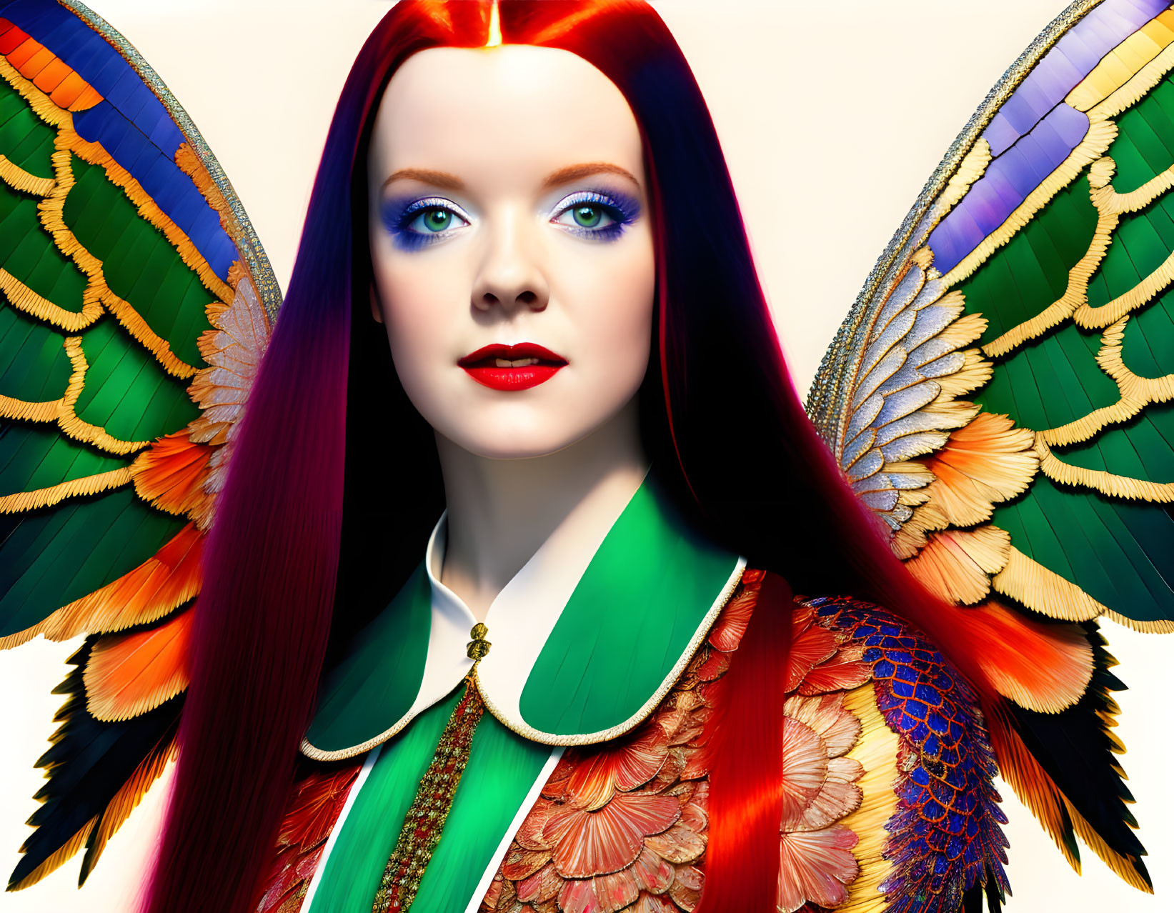 Digital artwork: Woman with red hair, blue eyes, colorful wings