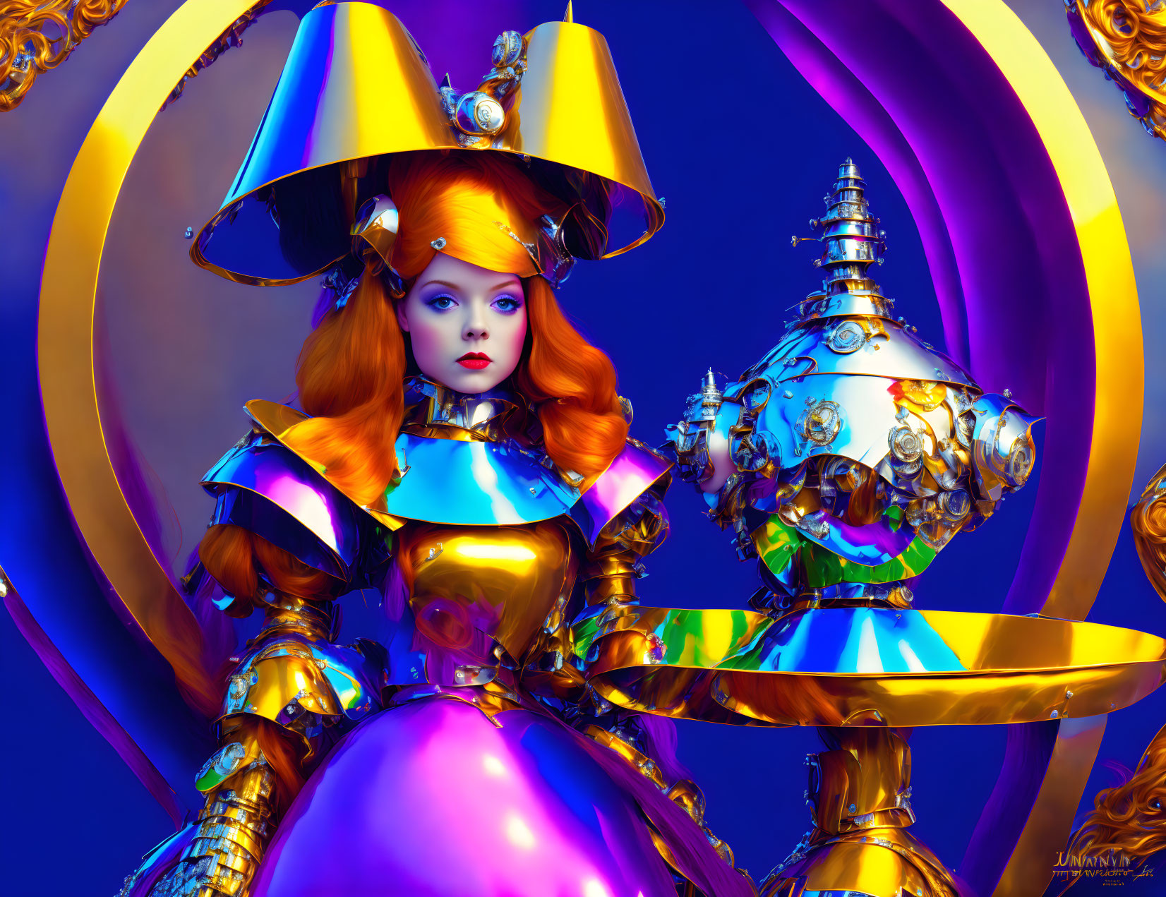 Digital artwork: Woman in golden armor with mechanical orb on blue background