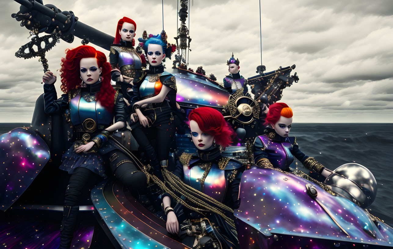 Colorful Futuristic Cosmic Pirate Group on Ship