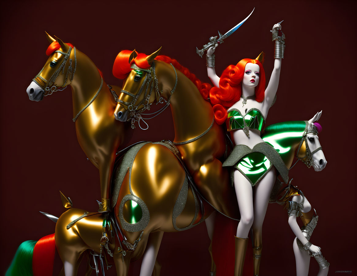 Fantasy art: Red-haired woman in armor riding golden horse on red background