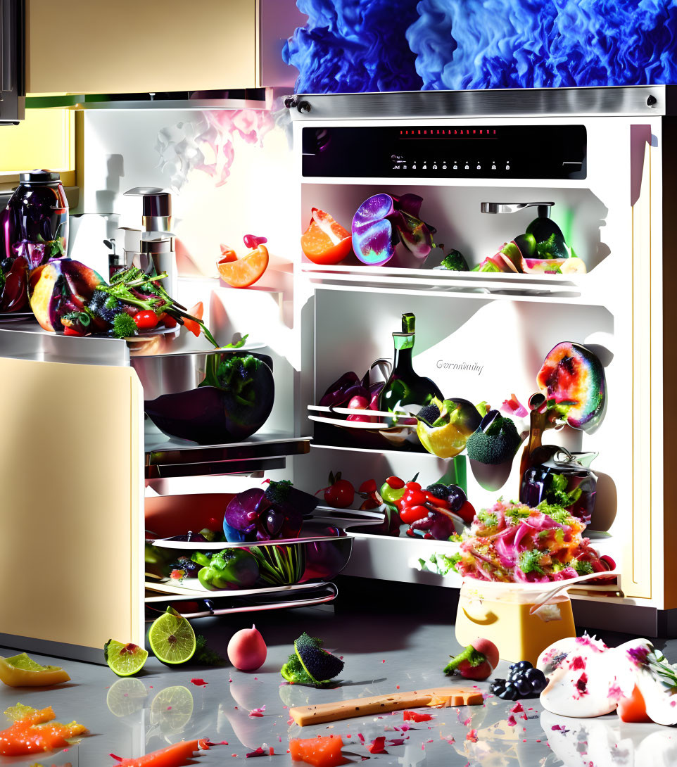 Colorful surreal image: Exploding refrigerator with fruits and vegetables amid smoke