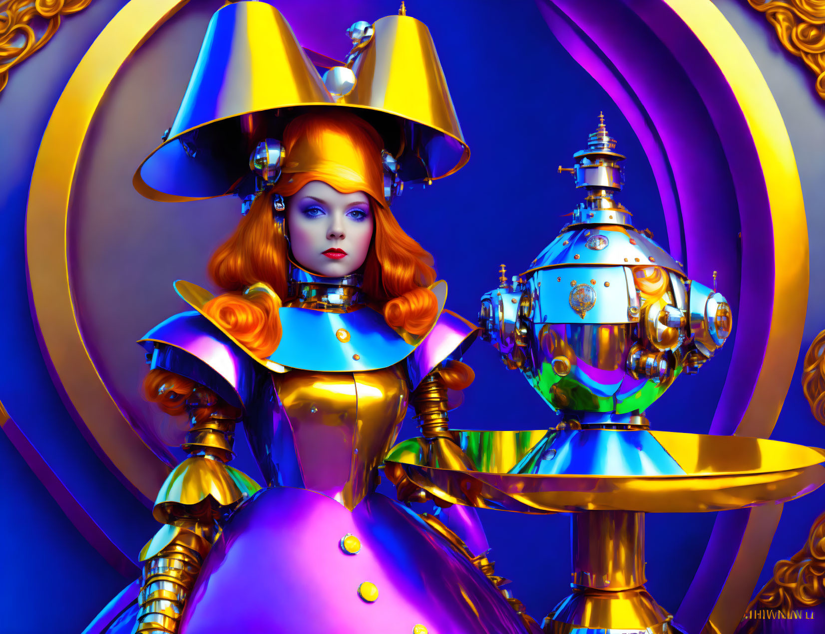 Colorful digital art: stylized female figure with orange hair in gold and purple attire beside steamp