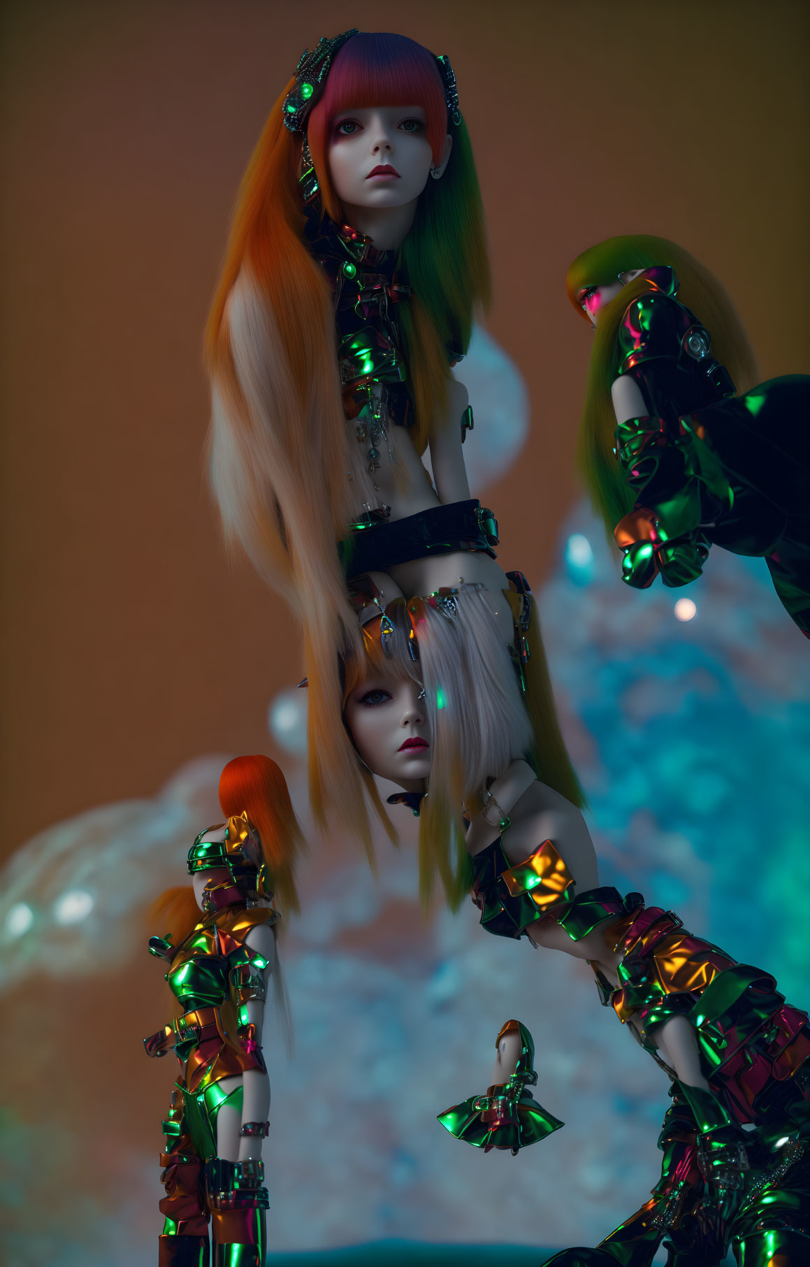 Stylized image of model with cybernetic limbs on gradient backdrop
