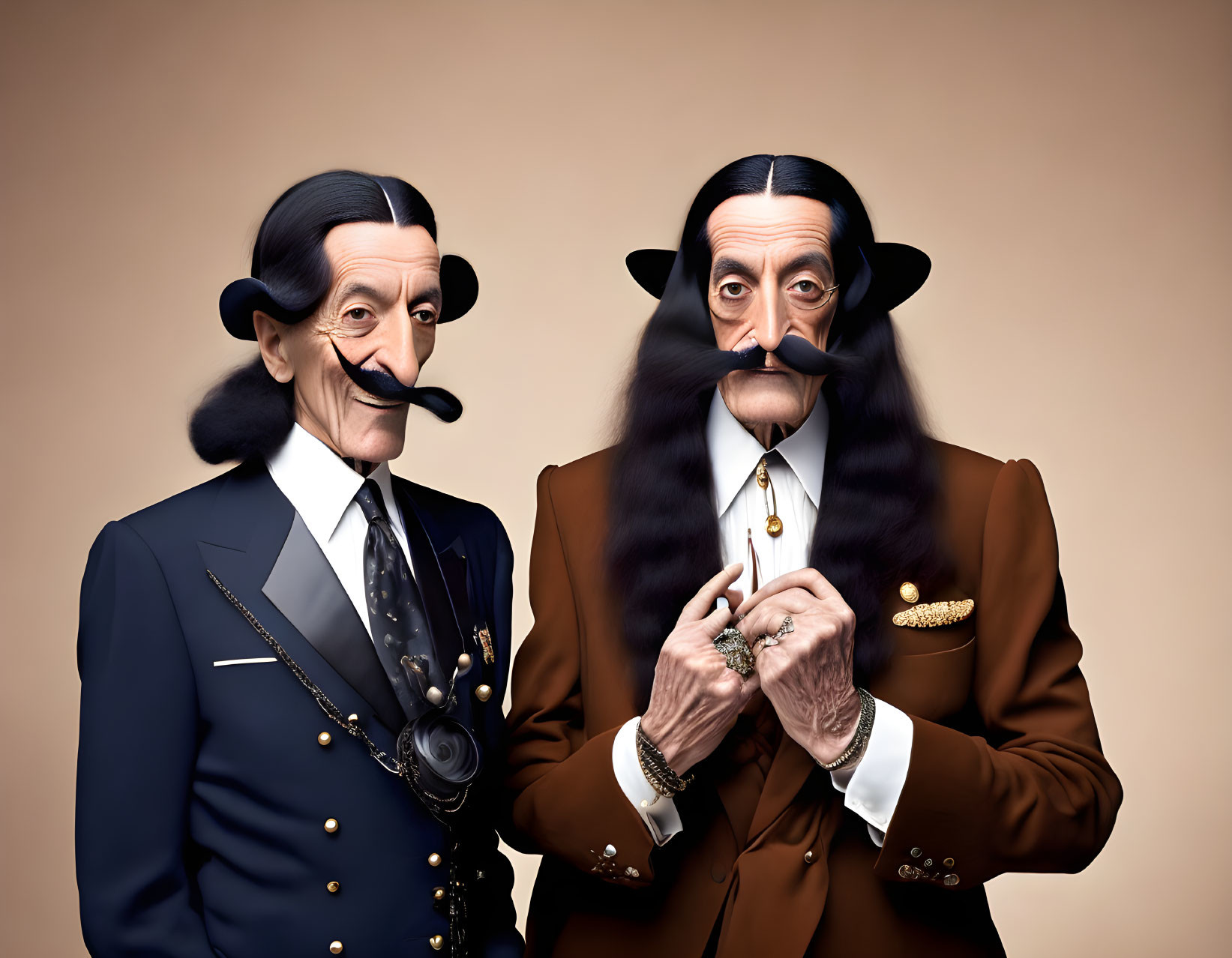 Surrealistic caricature figures with exaggerated mustaches on beige background