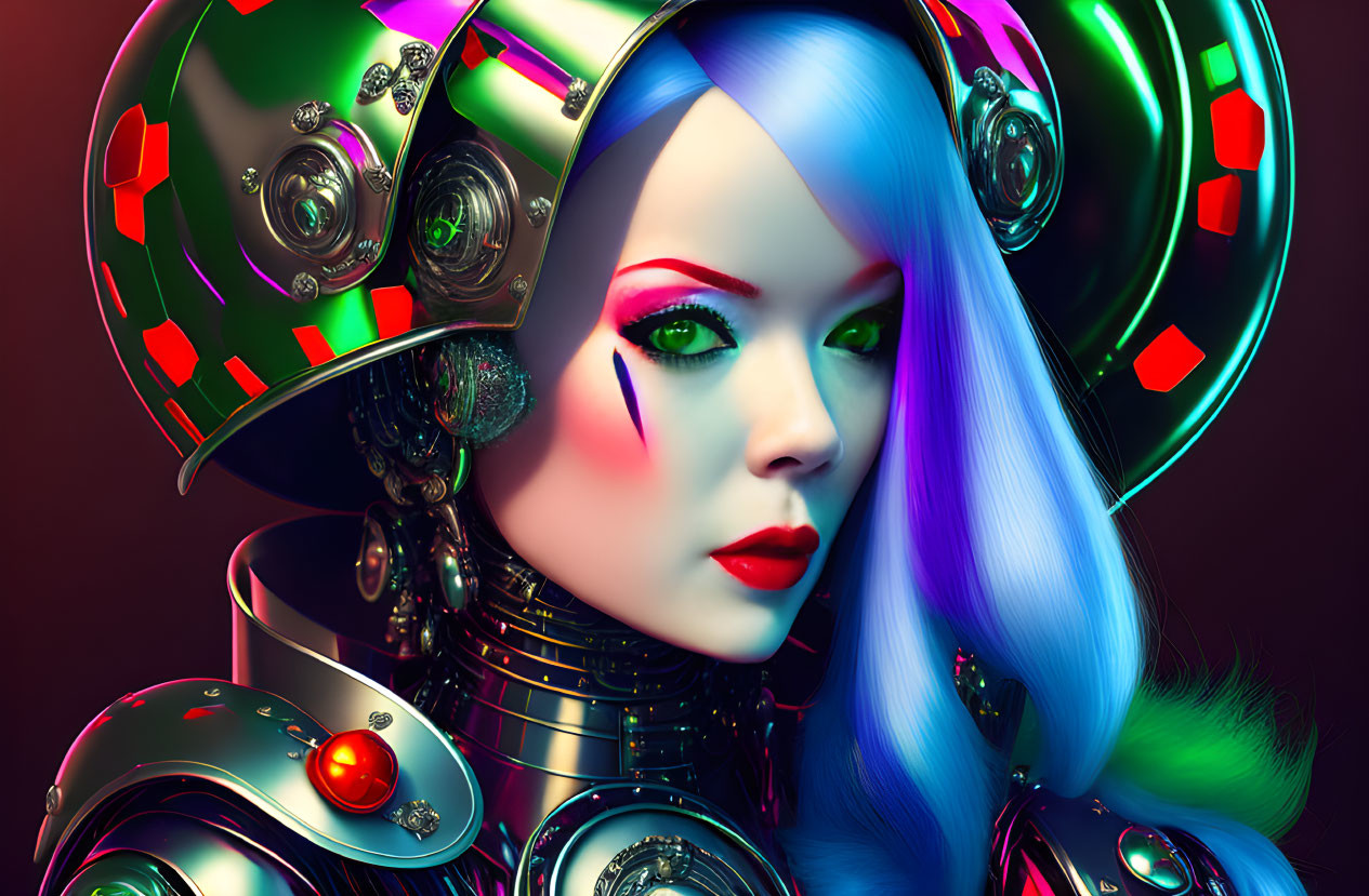 Female cyborg with blue hair and colorful light-adorned helmet showcasing bold makeup