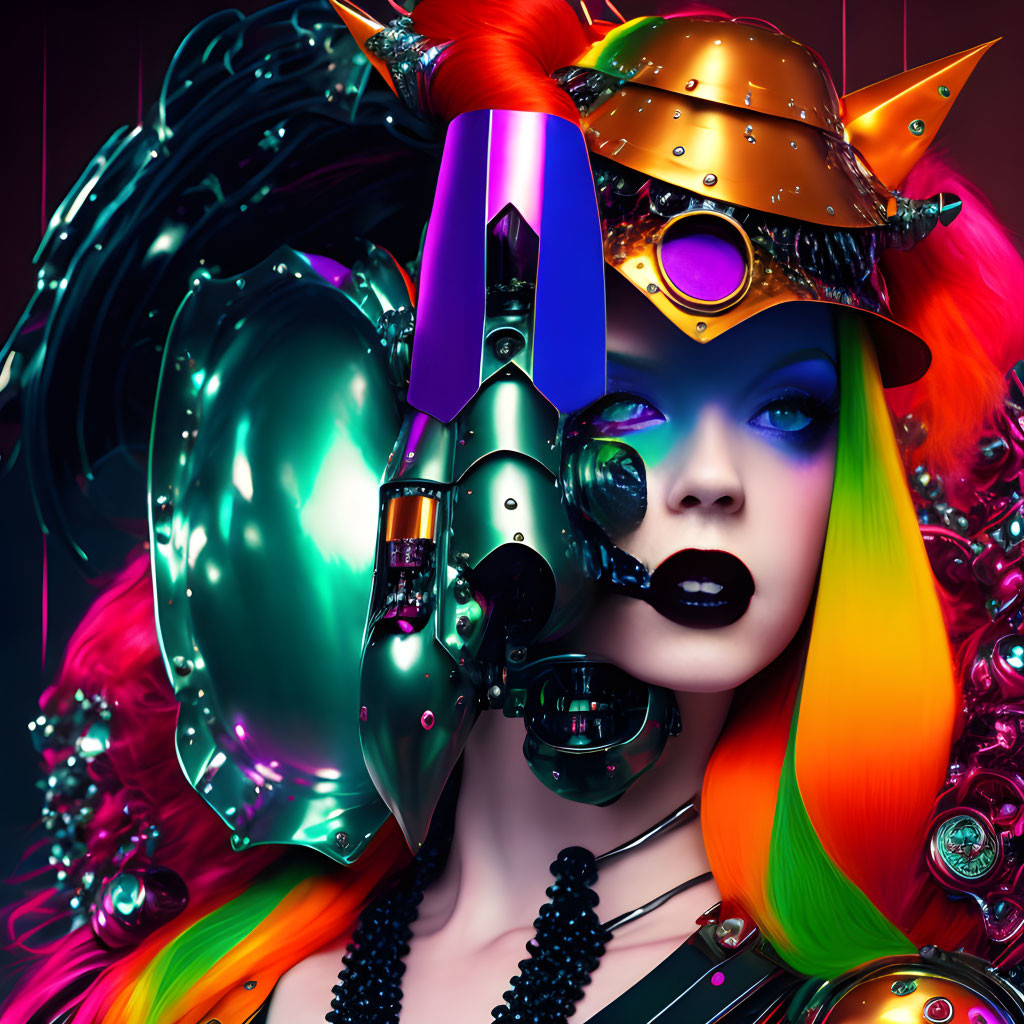 Colorful digital artwork: Whimsical female figure with multi-colored hair and futuristic armor