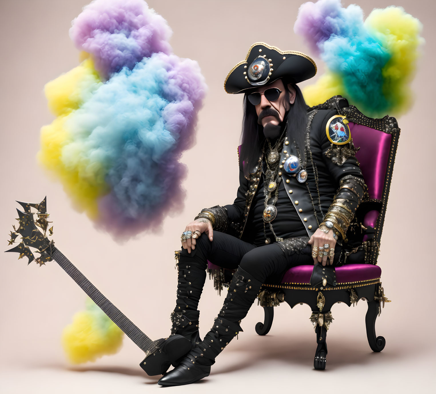 Elaborate pirate in purple chair with mace and smoke clouds