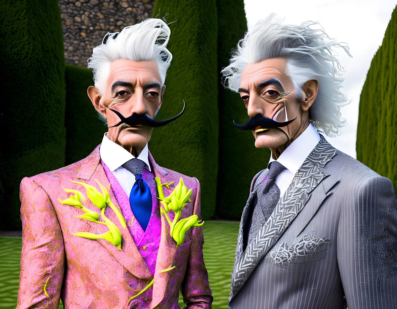 Elderly 3D-animated men with mustaches in colorful suits by manicured hedges