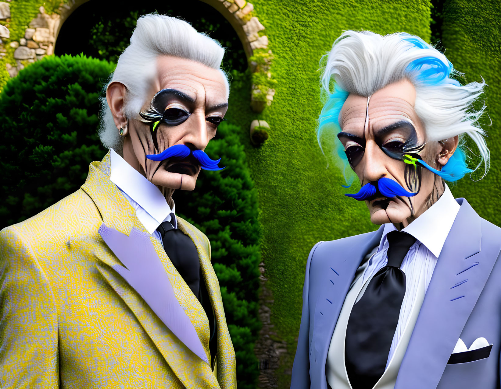 Exaggerated fashion and makeup: White hair, colorful mustaches, stylized suits