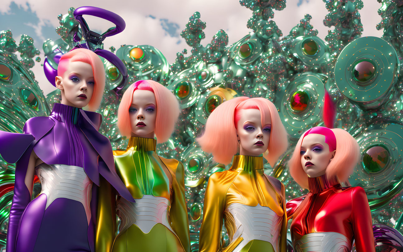 Four models in futuristic attire with pink hair amid abstract metallic sculptures