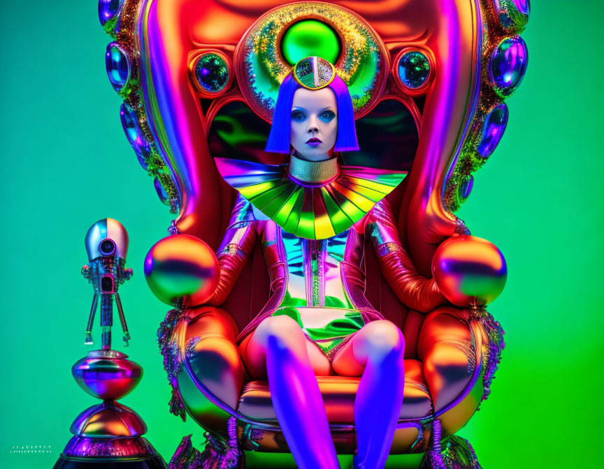 Colorfully dressed futuristic woman on ornate throne with small robot against green background