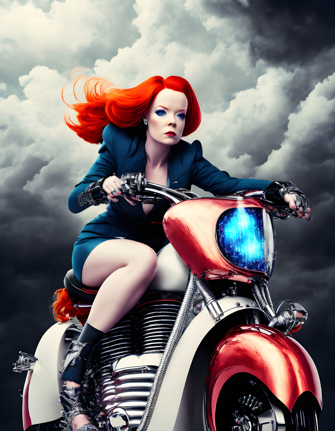 Red-haired woman on classic motorcycle under stormy sky