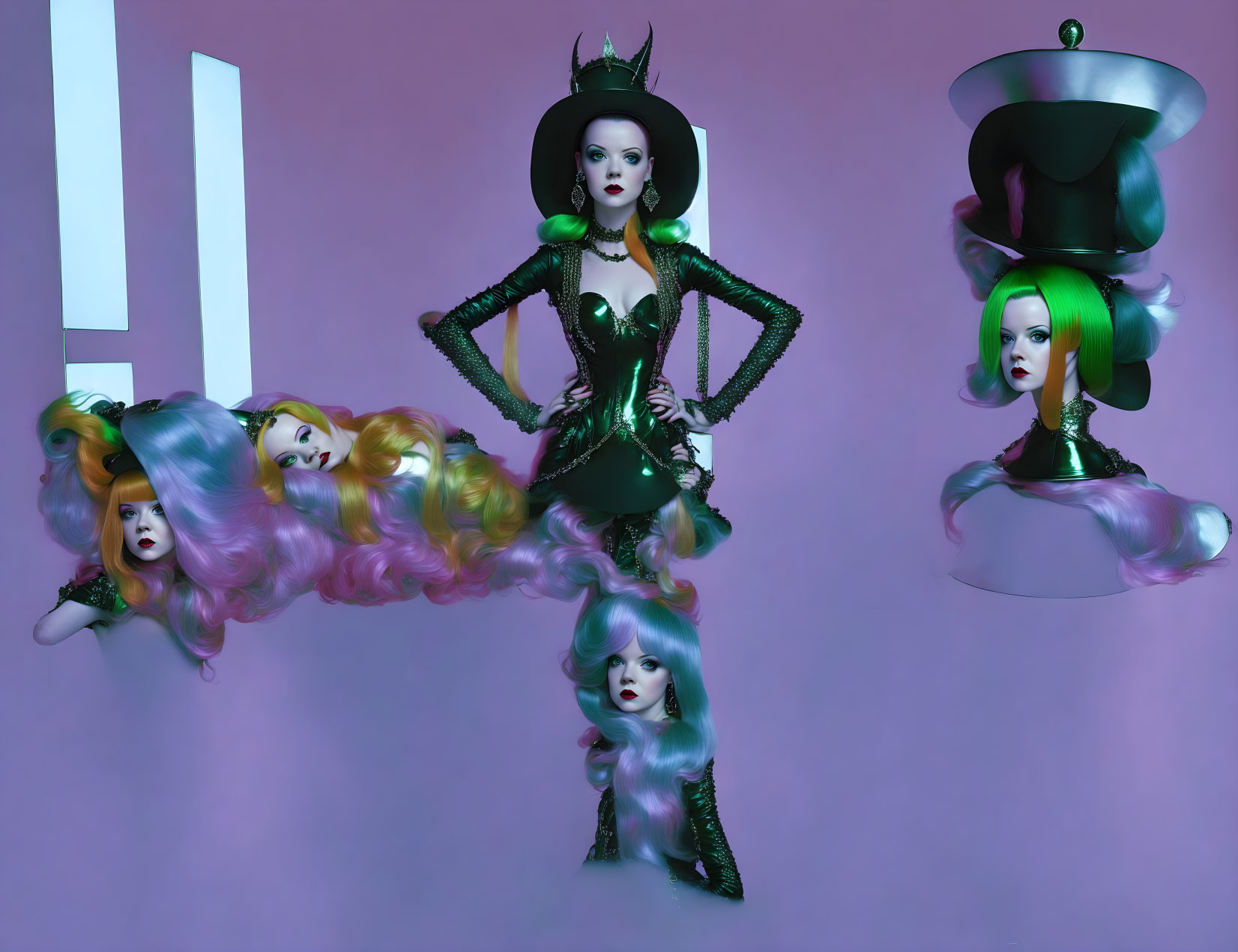 Surreal image of central figure in black costume with multiple heads in various hairstyles.