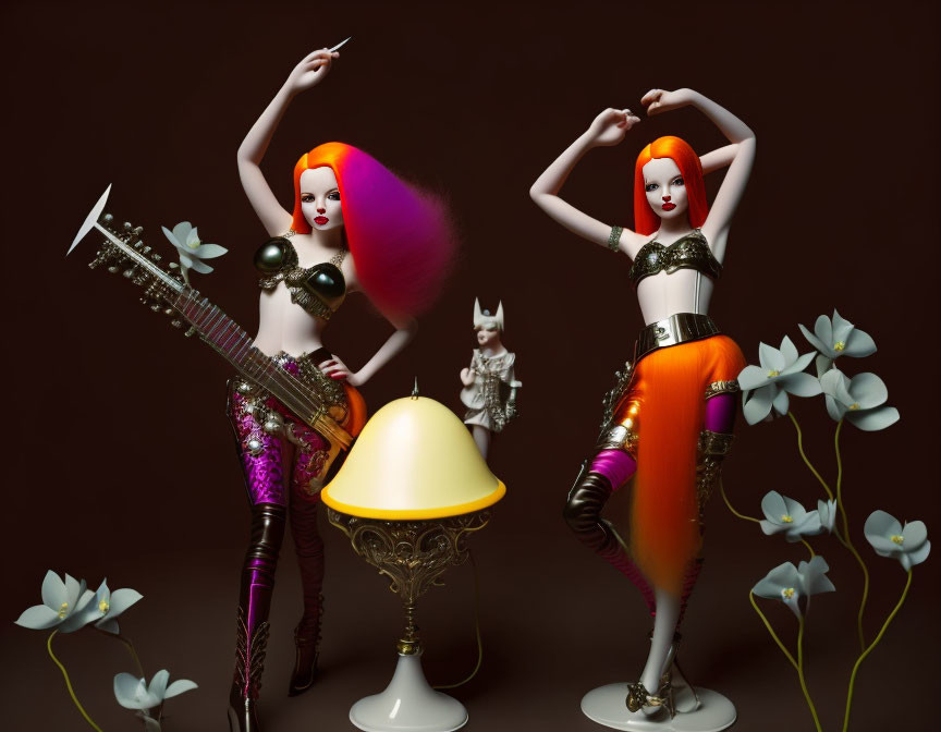 Stylized female figures with colorful hair in futuristic setting.