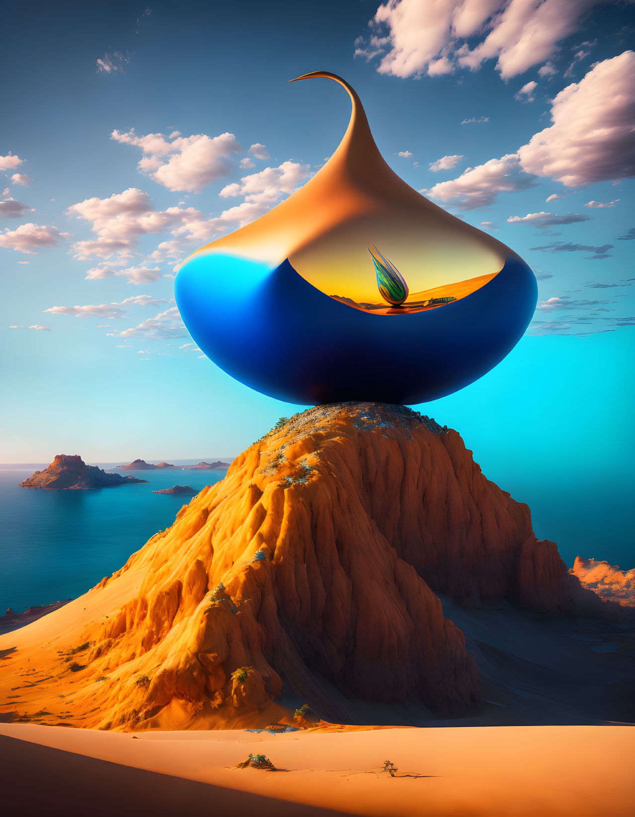 Surreal image of blue and gold genie lamp on orange cliff by serene sea