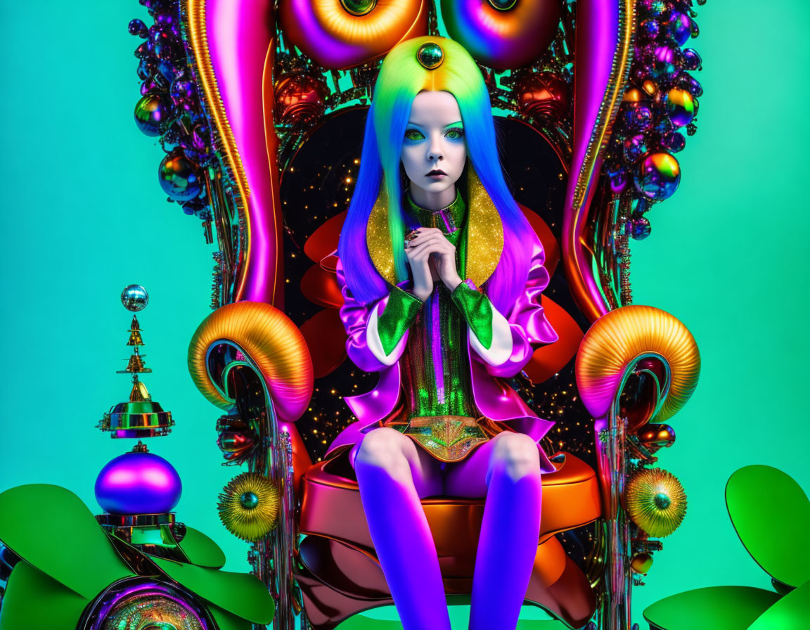 Colorful surreal image: Blue-skinned female on ornate throne