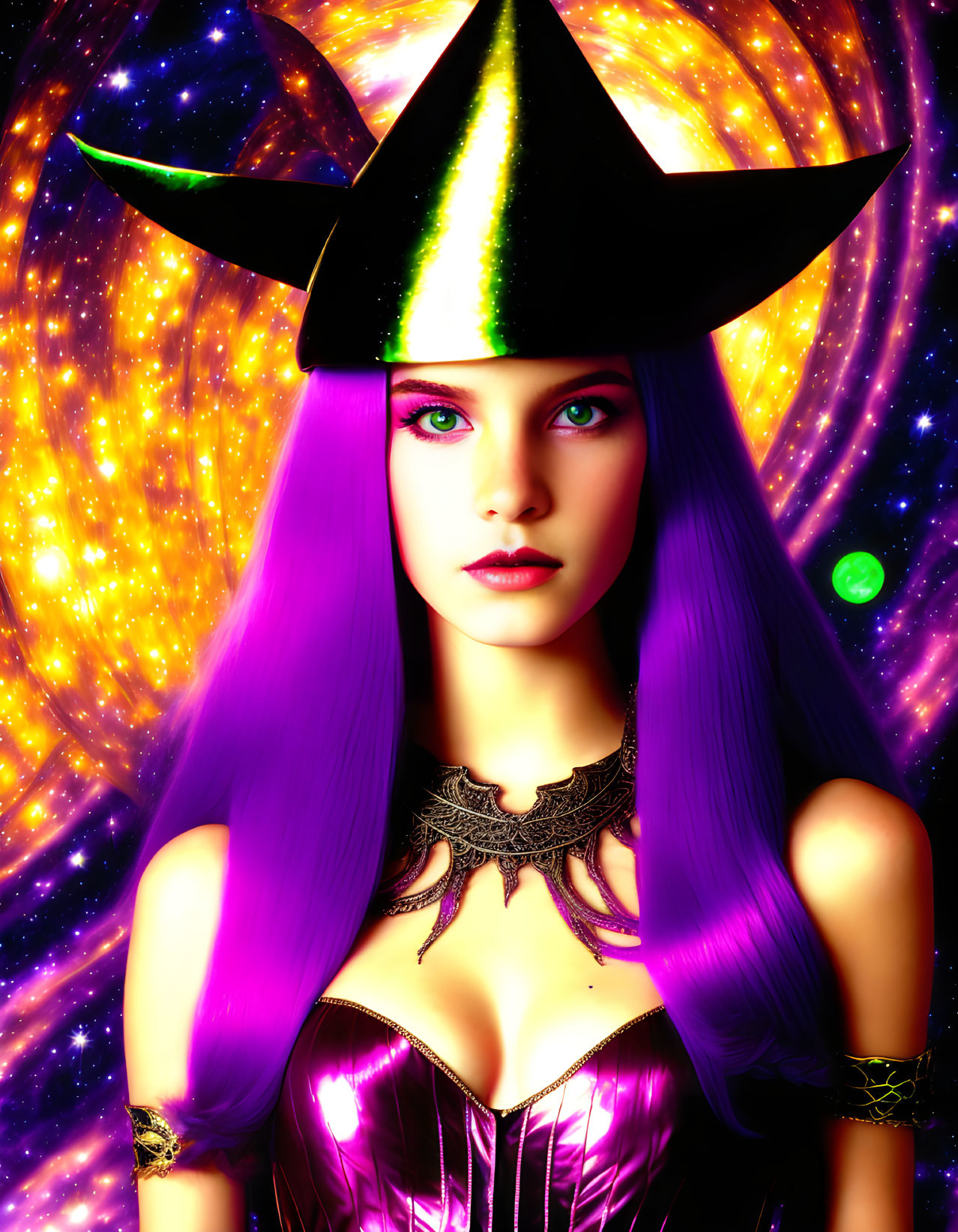 Violet-haired woman in purple dress on cosmic backdrop