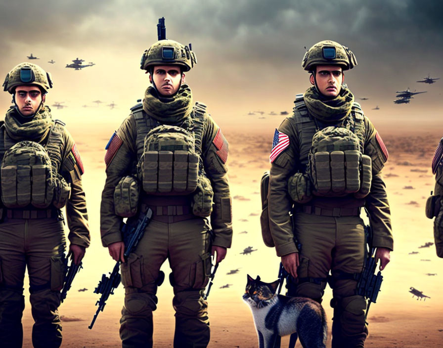 Military soldiers in combat gear with helicopters in desolate landscape, featuring a superimposed cat.