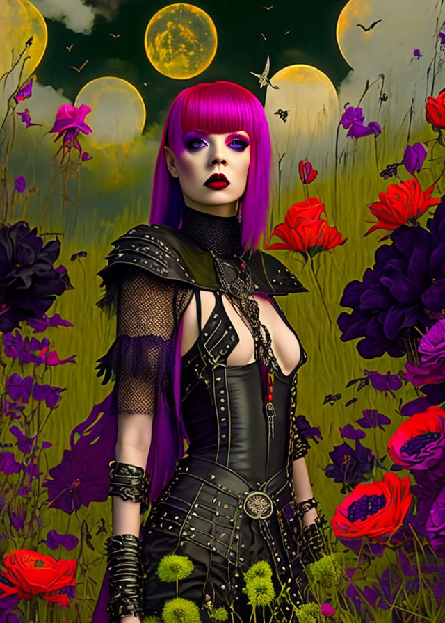 Gothic woman with purple hair in flower field under multiple moons