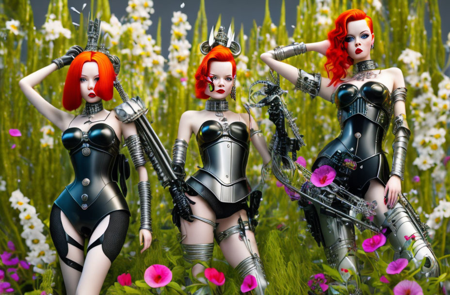 Vivid Hair Female Robots Among Yellow Flowers and Pink Blossoms