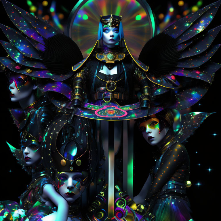 Futuristic ornate figures with iridescent wings in dark starry setting