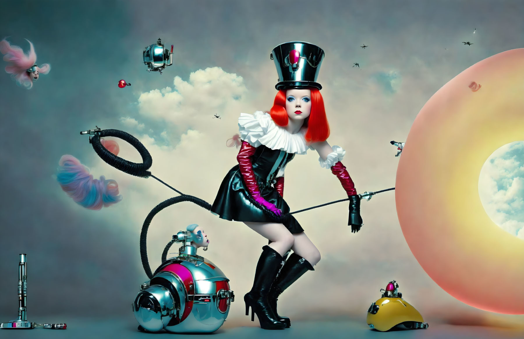 Surreal image: Woman with whips, robots, planet, and floating islands