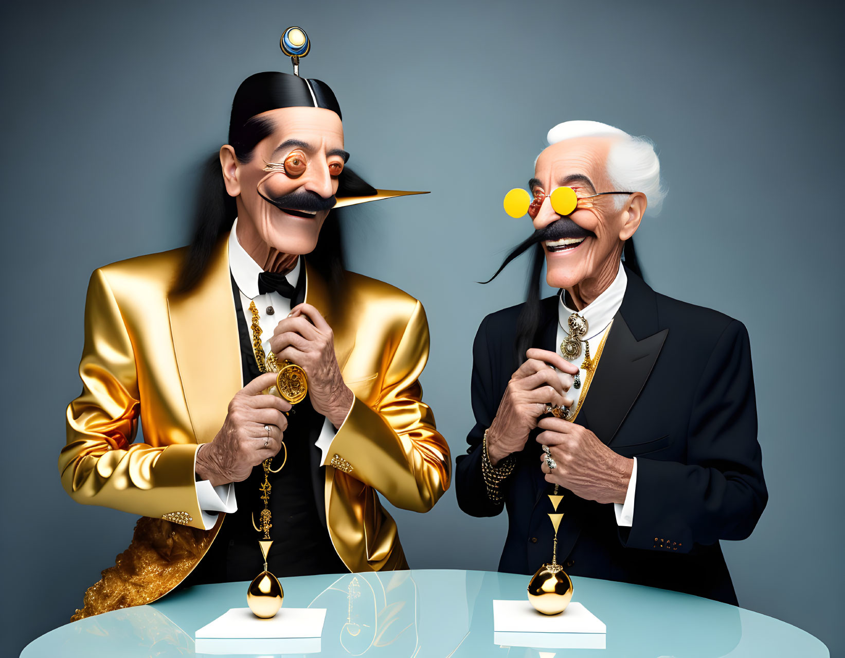 Elderly gentlemen in stylish suits and monocles sharing a joyful moment