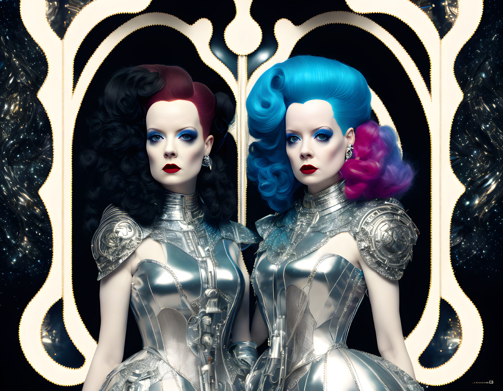 Symmetrical portraits of female with avant-garde hairstyles in futuristic silver armor