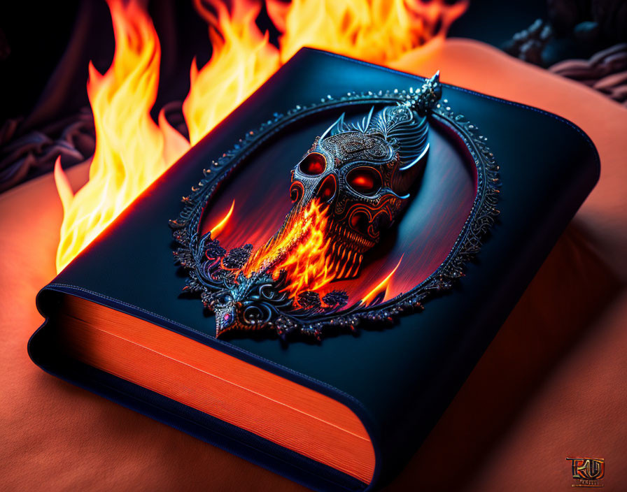 Metallic mask on black book surrounded by flames on orange backdrop